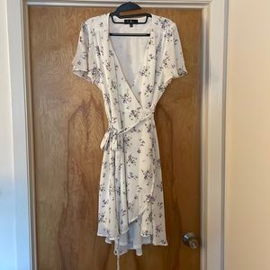 White with delicate lilac flower detail midi wrap dress from Lulus